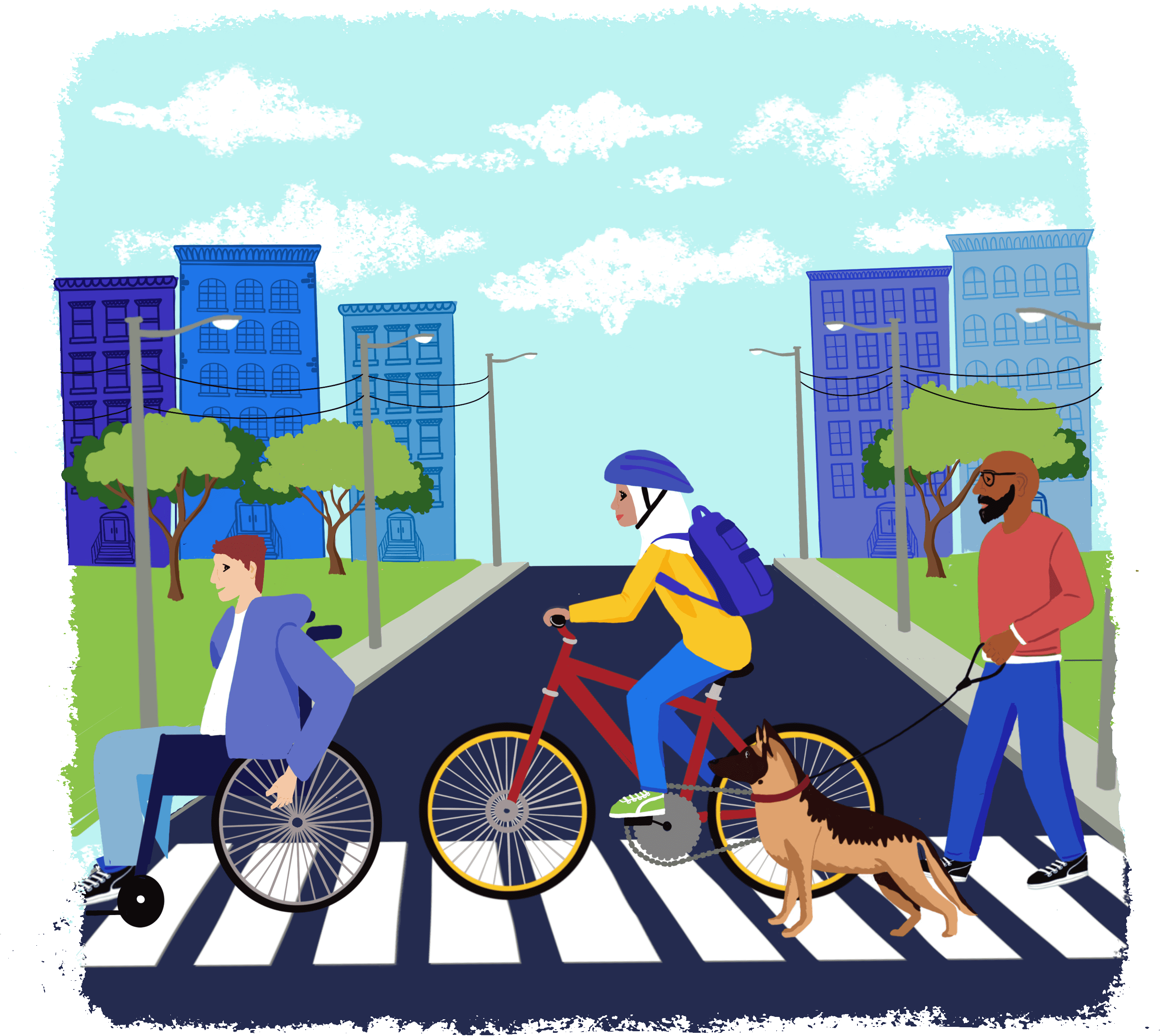 Illustrated crosswalk scene showing diverse people including wheelchair user, cyclist, and guide dog handler