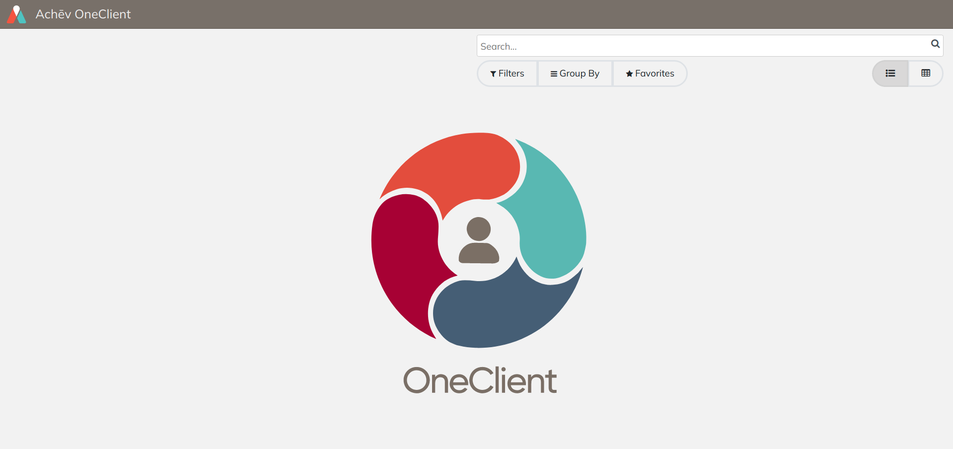 L'écran d'accueil OneClient : l'emblème à cinq couleurs centré sur le client, au-dessus de la recherche, des filtres et des favoris