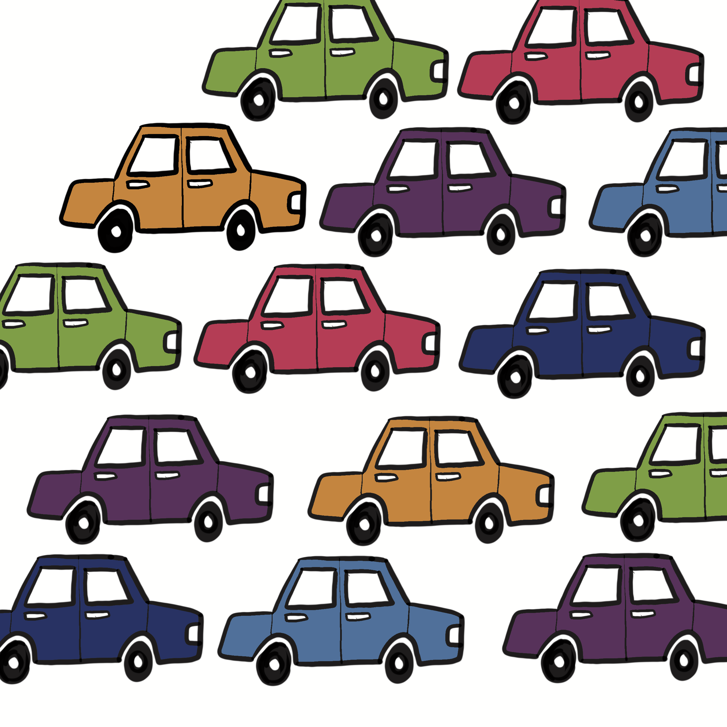 Colourful hand-drawn cars illustration representing mobile applications