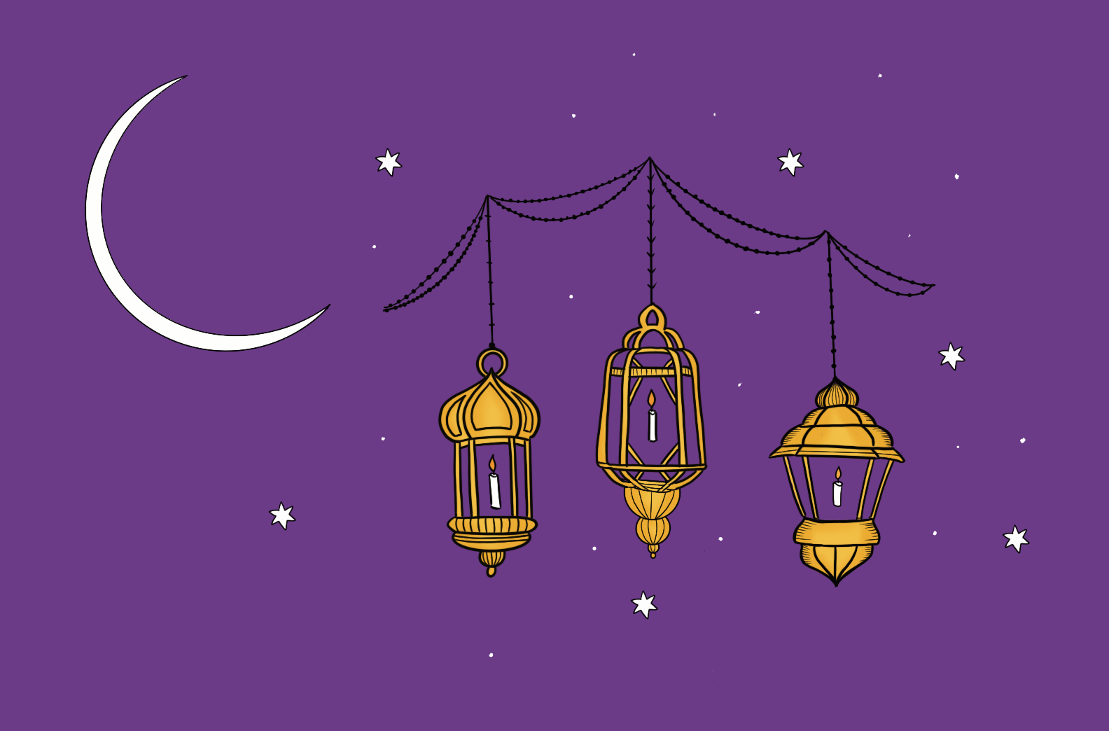 Hand-drawn lanterns illustration with crescent moon on purple night sky