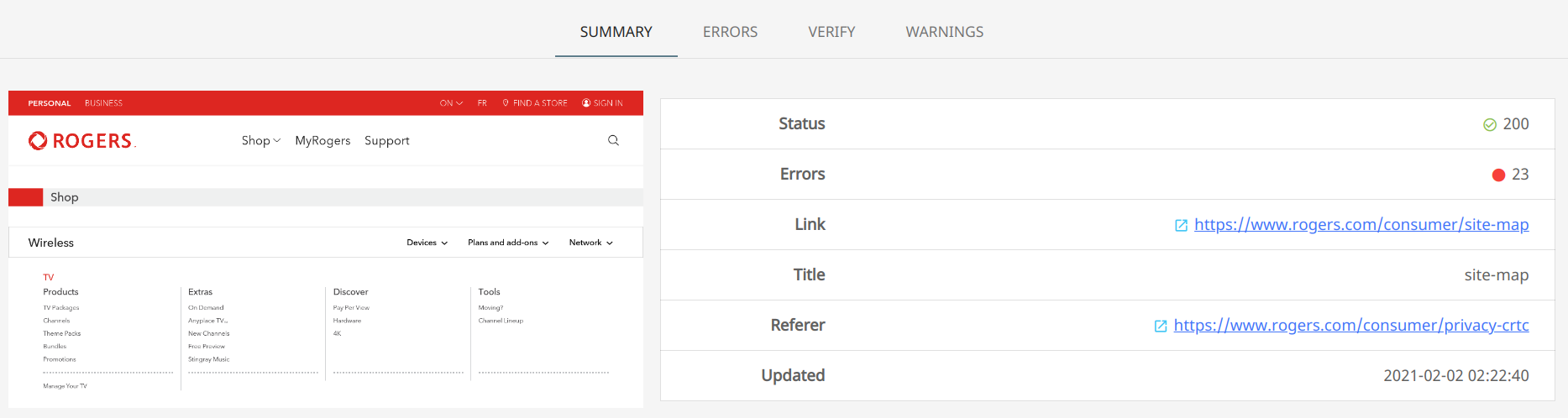 ACHECKS URL summary showing page-level compliance scores