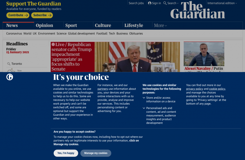 The Guardian's cookie banner